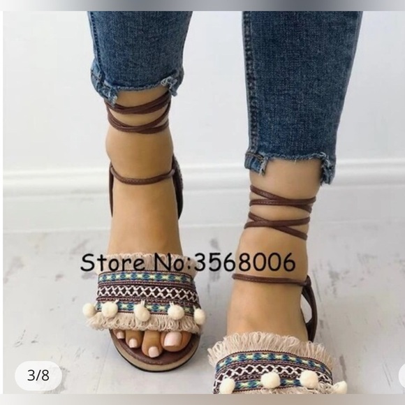 Summer Bohemia Style Fringe Tassel Strappy Flats Sandals Ball Tie Up Ope… - Picture 9 of 9